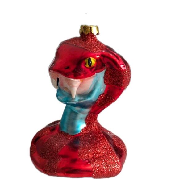 Red King Cobra Snake Christmas Ornament Blown Glass Glitter Blue 4” Serpent - Picture 6 of 10
